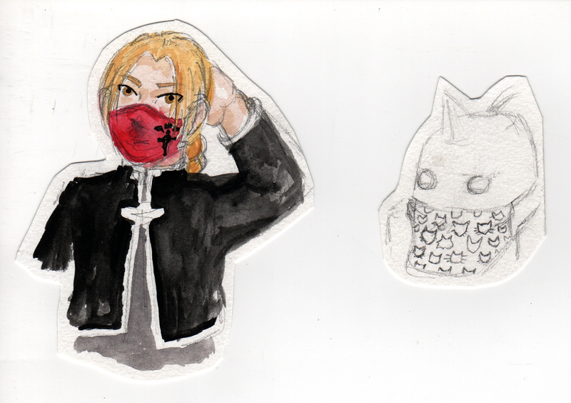 Two cut out drawings of Edward and Alphonse Elric wearing face masks from the manga Fullmetal Alchemist