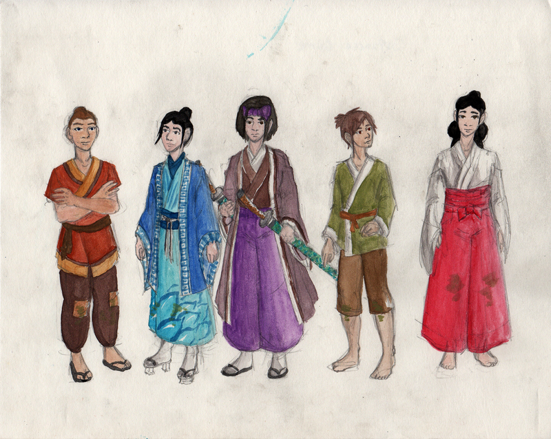 Five figures in 16th century Japanese dress